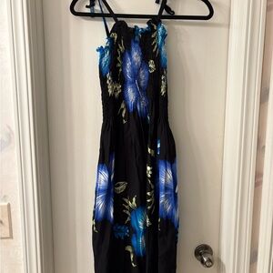 Floral Tie Strap Dress with Blue and Black Design